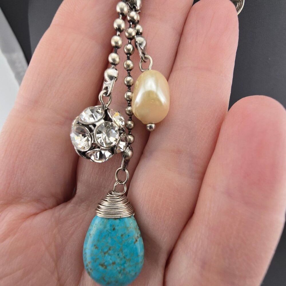 5'  Silver Dangle Earrings Turquoise Drops Faux Pearl & Crystal Accents LONG - Picture 3 of 6